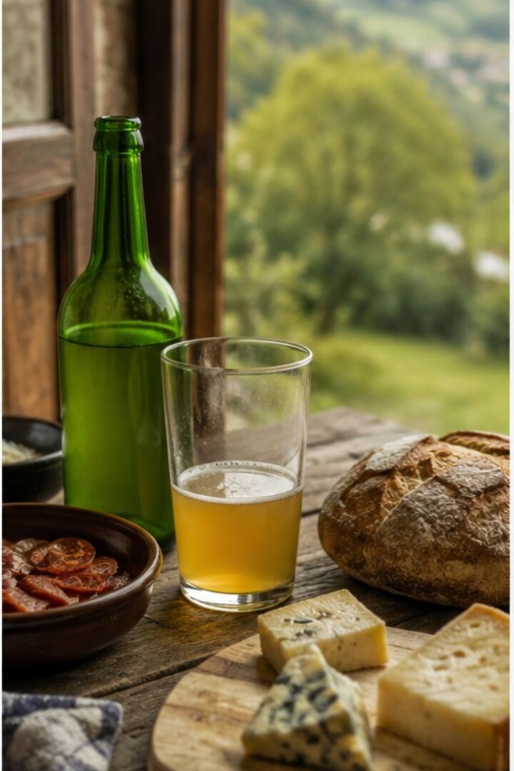 Sidra, pan y quesos asturianos sobre una mesa
